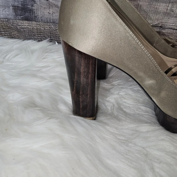 Stella McCartney Taupe Silk Wooden Heel Platform Pumps EU 38 - Picture 5 of 16